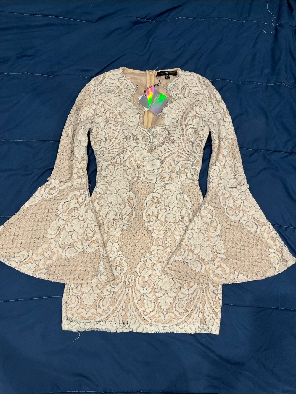 Missguided Nude Lace Bell-Sleeve Bodycon Dress